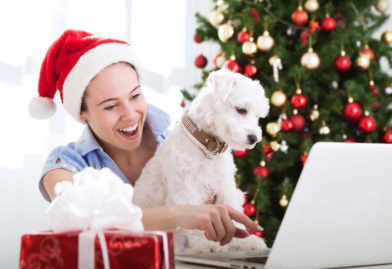 Woman and Dog Online Christmas Shopping