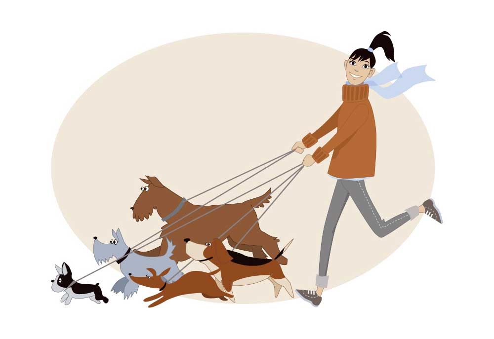 Clip Art of a Dog Walker with Five Dogs | Dog Clip Art Pictures