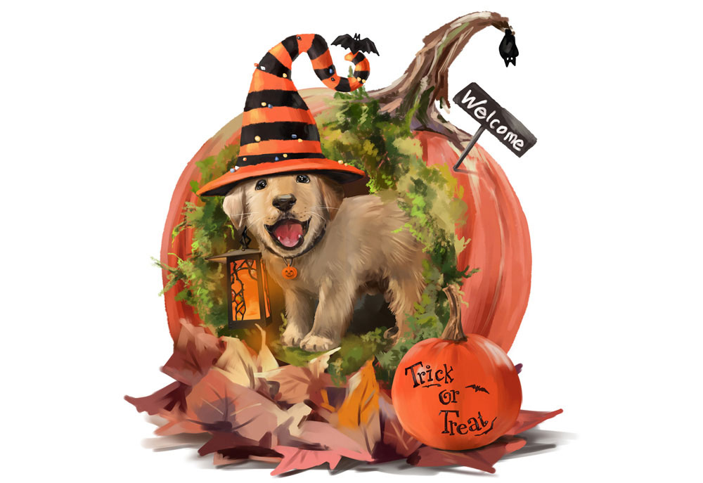 Halloween Puppy Dog and Pumpkin - Dog Clip Art