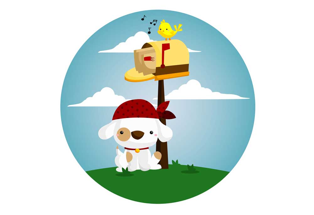 Clip Art of White Dog with Bandana Waiting at Mail Box | Clip Art of Dogs