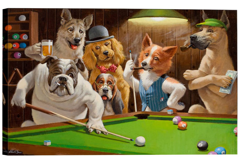 'Hustler' Dogs Playing Pool Art Print by C.M. Coolidge | Dog Posters and Prints