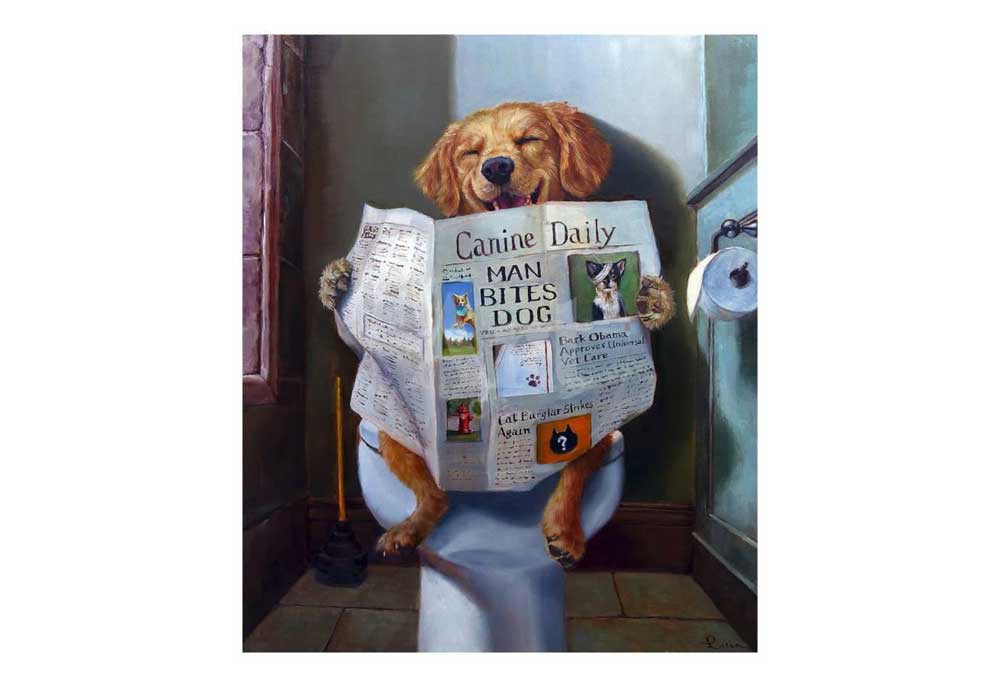 Dog Reading Newspaper on Toilet | Dog Posters Art Prints