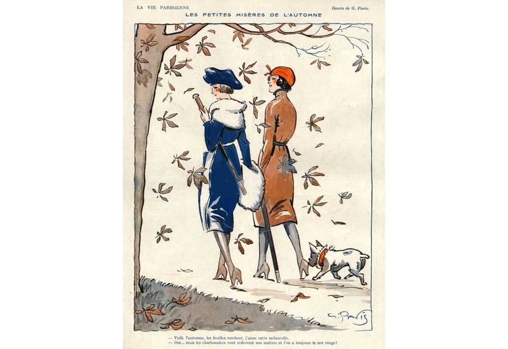 Poster French Women Walk Dog Autumn 1919 | Dog Posters Art Prints