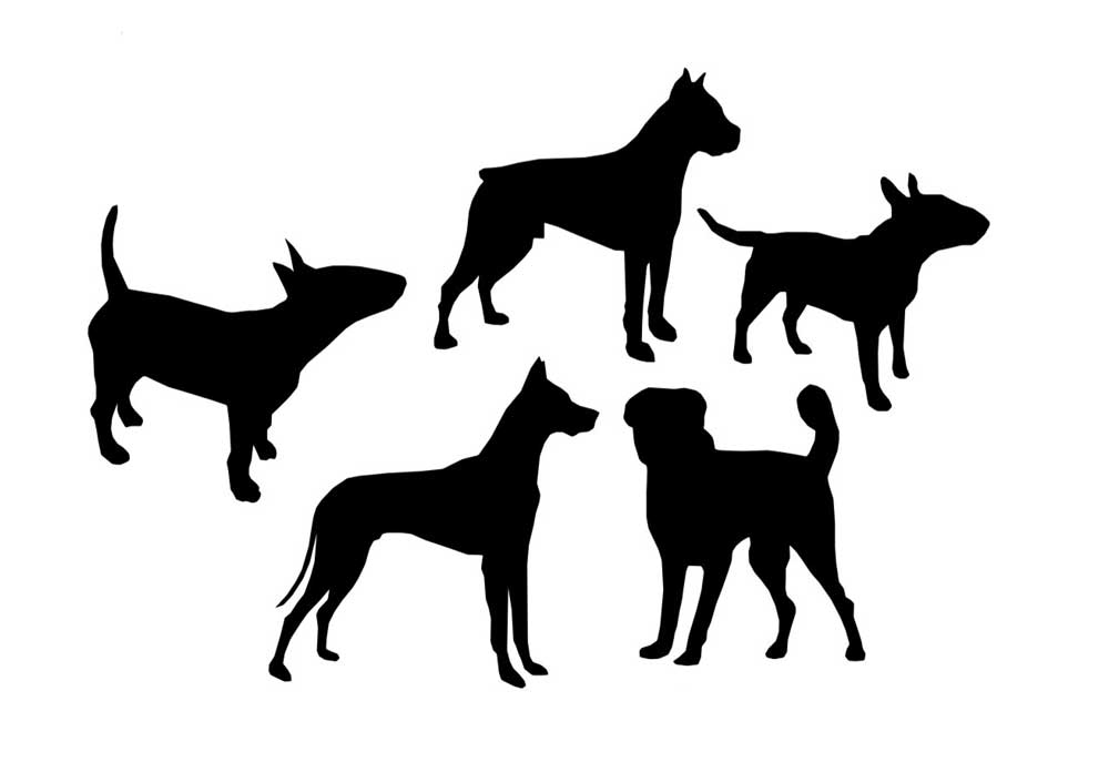 Silhouettes of Five Dogs Isolated on White | Dog Clip Art Pictures
