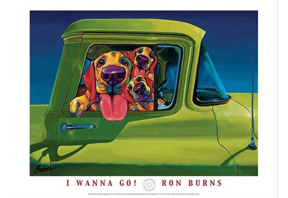 Hound Dogs in Green Truck Art Print by Ron Burns | Art Prints of Dogs