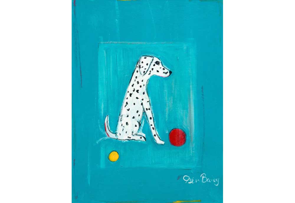 Ken Bailey Art Print of Dalmation Dog with Red Ball and Yellow Ball | Dog Art Prints Posters