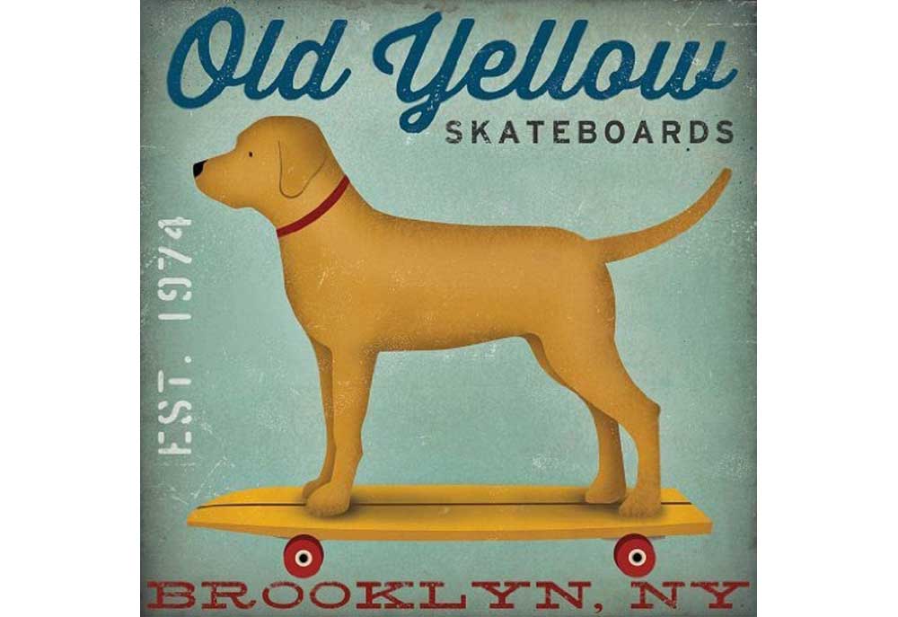 'Old Yellow Skateboards' Dog Poster by Ryan Fowler | Dog Posters and Prints