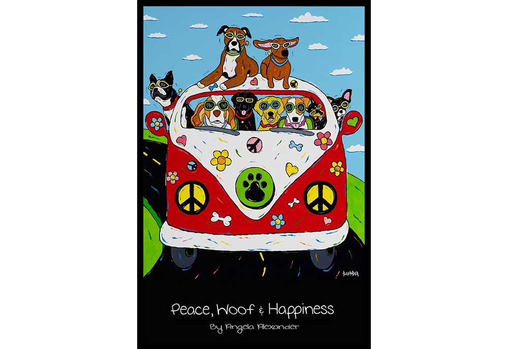 Peace Woof and Happiness Dog Poster by Angela Alexander | Dog Posters and Prints