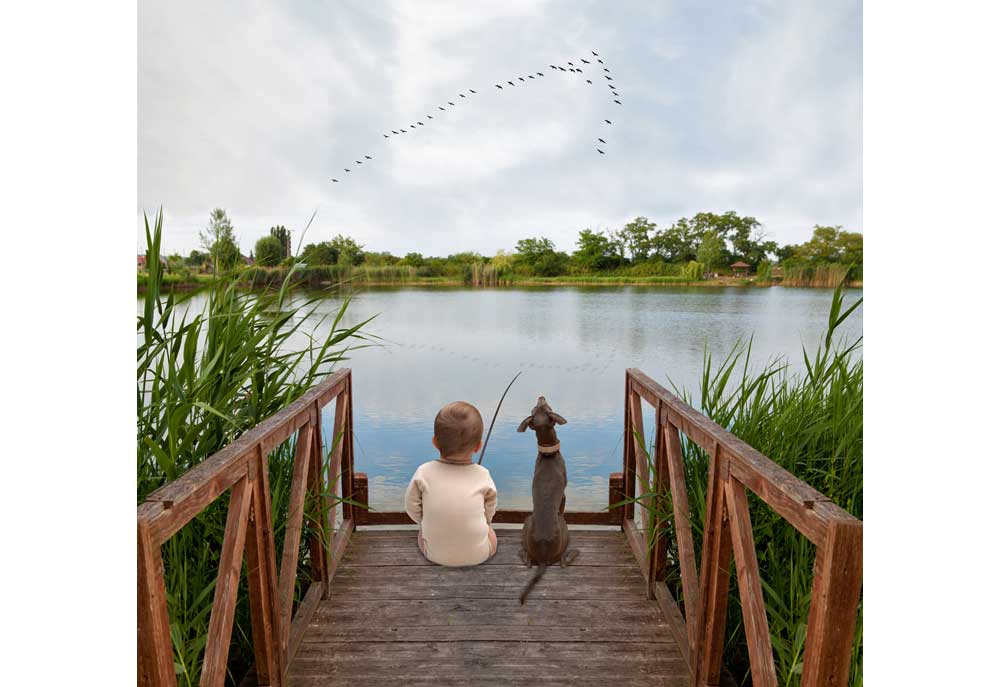 Picture of a Dog and Child Sitting on Dock by Lake Fishing | Dog Photography