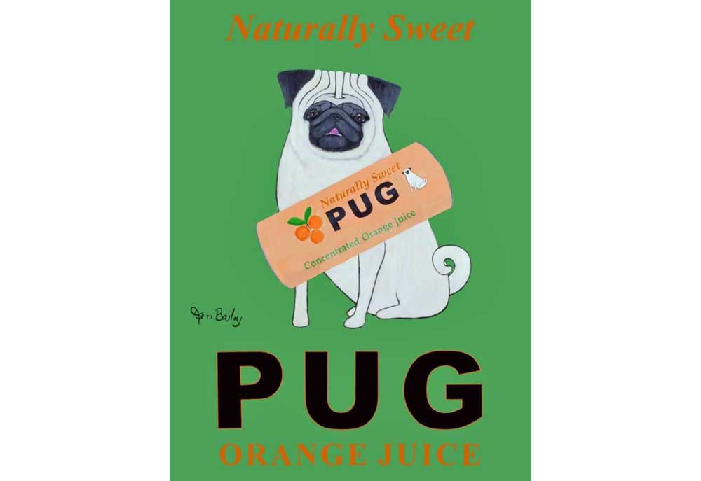 Ken Bailey Pug Orange Juice Poster | Dog Posters Art Prints