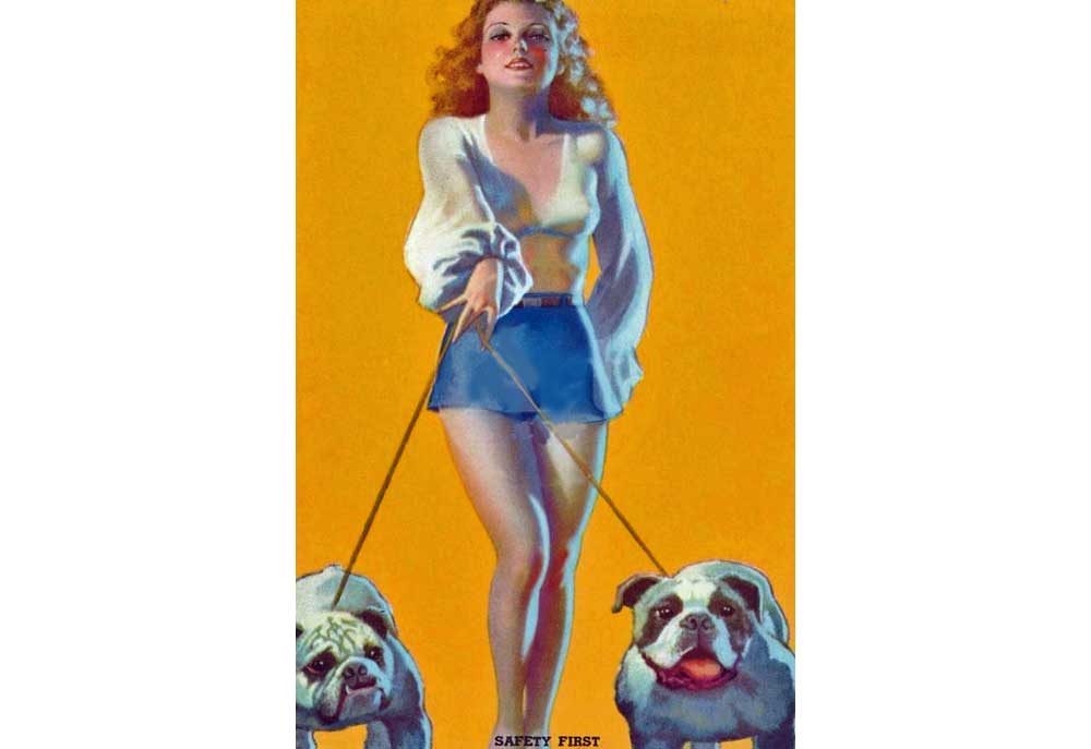 Art Print of Sexy Woman Walking English Bulldogs | Dog Posters Art Prints